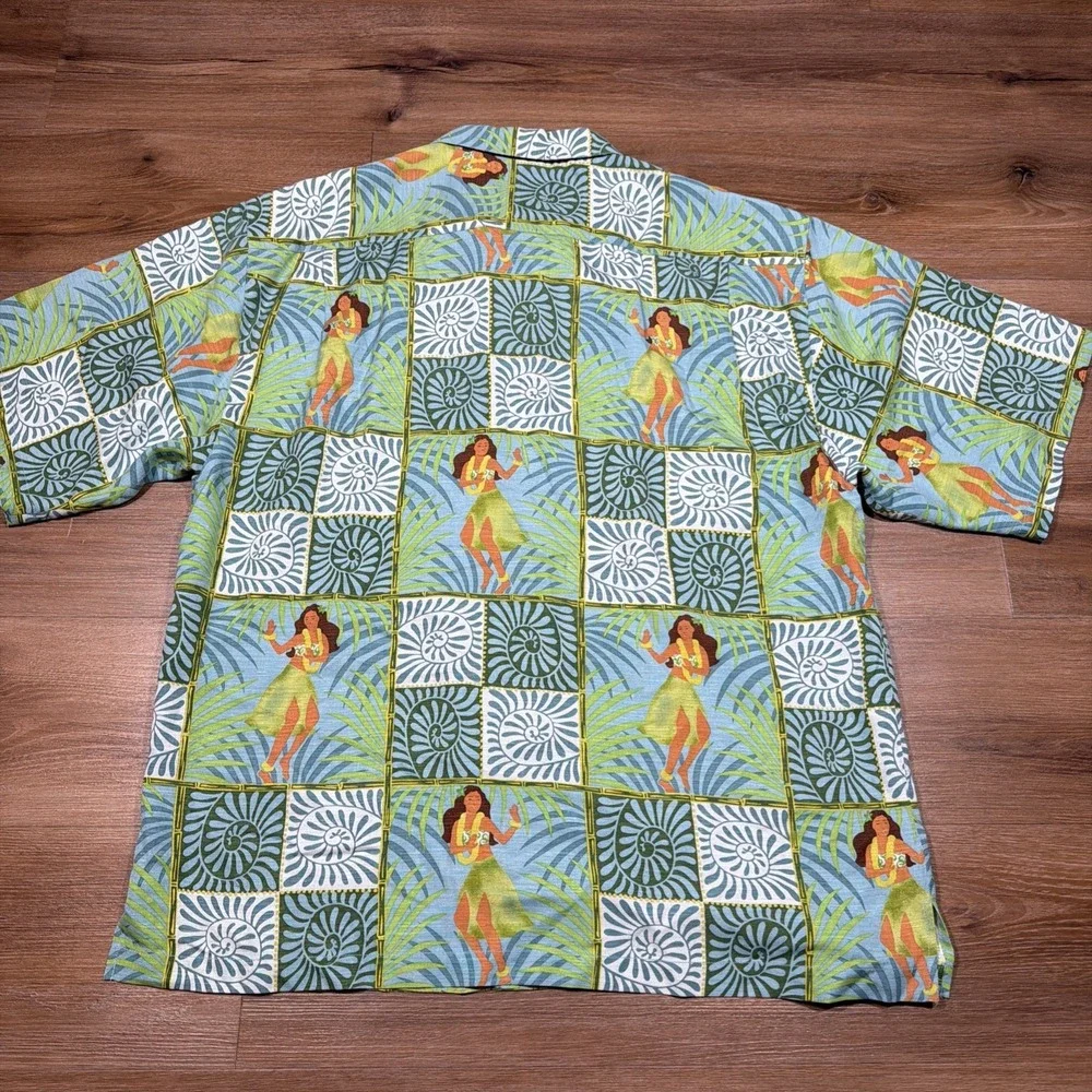 Tommy Bahama Shirt Mens XL Green Blue Hula Girl Hawaiian Silk Beach Casual Check